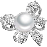 Kokoma Elegant Bow Knot Pearl Rings for Women Rhinestone CZ Crystal Butterfly Tie Open Statement Ring Promise Engagement Rings Anniversary Wedding Band Jewelry