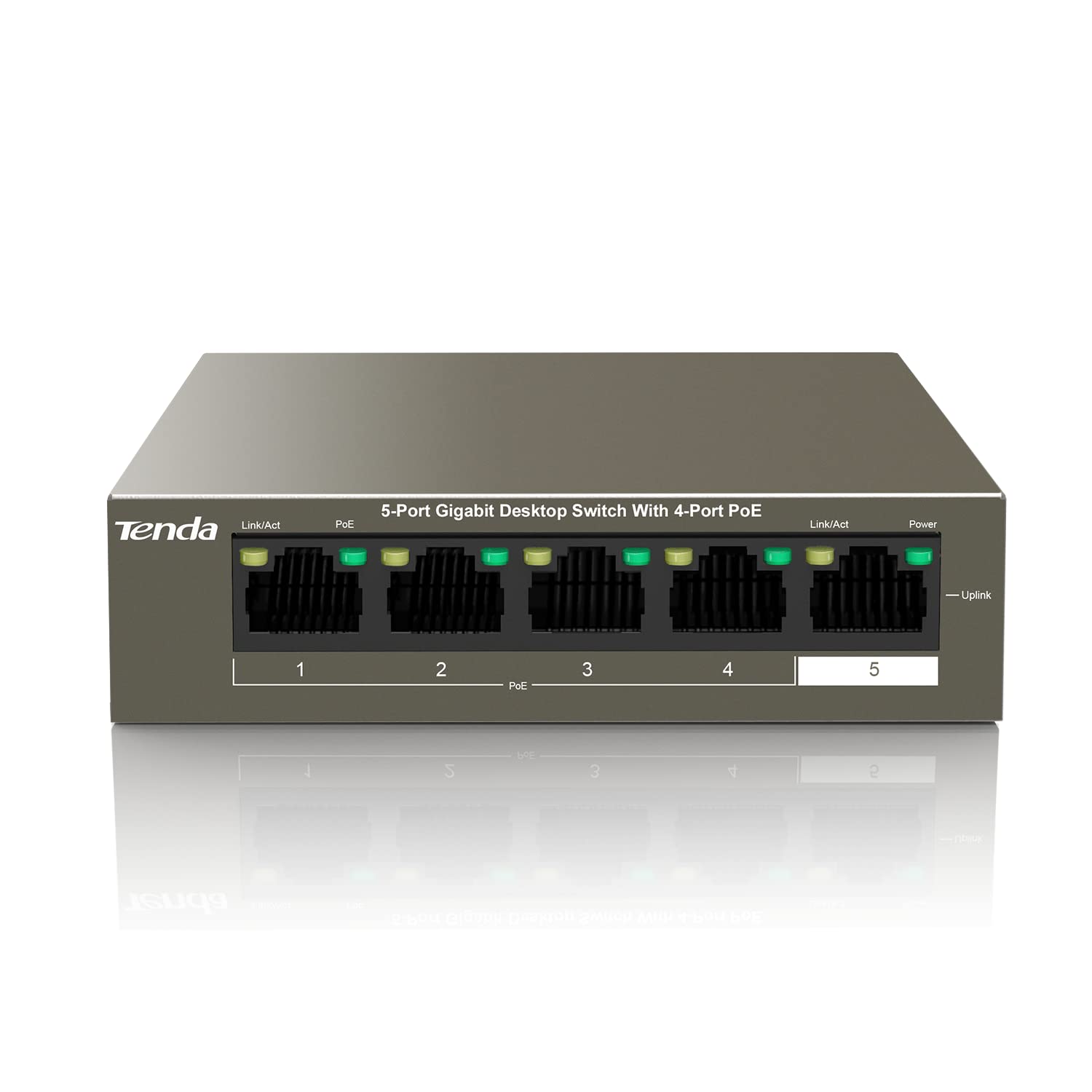 Tenda Gigabit PoE Switch 5 Ports mit 4 PoE+ Ports & 1 Uplink-Port (58W, VLAN, IEEE-802.3af/at PoE, lüfterlos, Plug-and-Play, Metallgehäuse) (TEG1105P-4-63W)