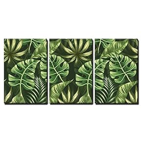 3 Piece Canvas Wall Art - Vector - Seamless Pattern with Palm Leaves Stylized Like Watercolor - Modern Home Art Stretched and Framed Ready to Hang - 16"x24"x3 Panels