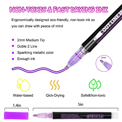 Double Line Markers Outline Pens, Super Squiggles Glitter Outline Marker Set, 12 Colors Doodle Shimmer Pen for Card Making, DIY Art Drawing, Lettering, Craft Project