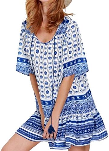 Pofachawis Womens Casual Blue and white porcelain Short Sleeve Short Dresses Blue M