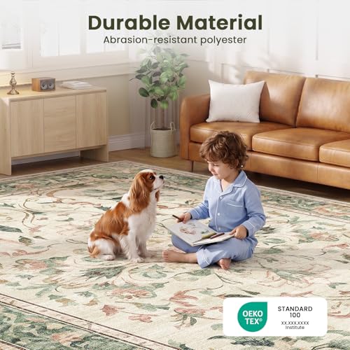 IKALIFE Washable Vintage Living Room Rug, Green, 240 x 340 cm | Large Washable Short Pile Rug with Floral Pattern, Non-Slip, Soft, Ideal for Living Room, Bedroom and Dining Room