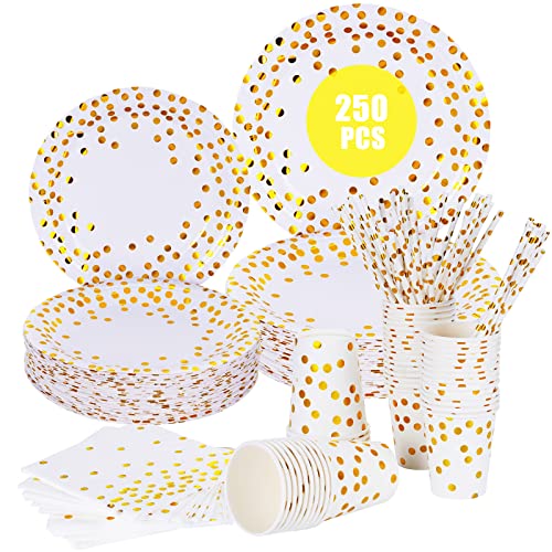 esafio 250 PCS Disposable Paper Plates Set Gold Dot Party Supplier