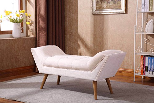 Upholstered Bedroom Bench with Arms, Tufted Fabric Linen Vanity Bench with Rubber Wood Legs, Beige - Thumbnail 6