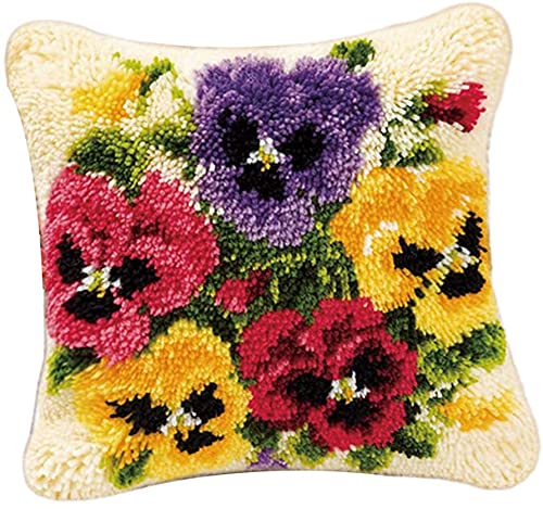 Latch Hook Cushion Kits, 3D DIY Pillow Materials Package Latch Hook Embroidery Kits 43x43cm fit for Adults Beginner Home Sofa Furniture Decor (Flower C)