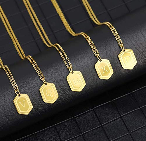 UHIBROS Necklaces for Women, 14K Gold Plated Hexagon Initial Necklaces, Dainty Personalized Alphabet Letter Choker with Adjustable Chain Pendant, Jewelry Gift for Women, Girls or Men-M