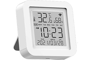 LUCKDANO Tuya WiFi LCD Display Smart Temperature and Humidity Sensor with Time Display & Intelligent Linkage Compatible with 