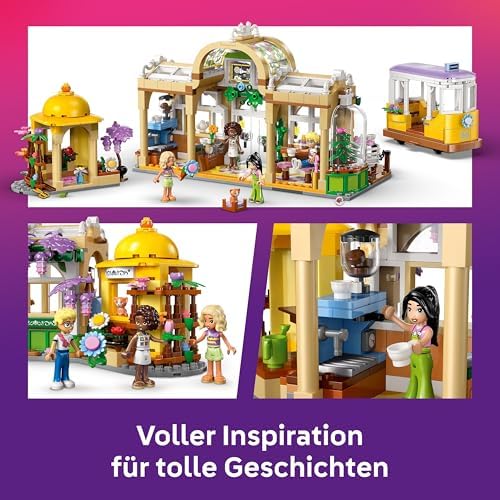 Friends Pflanzencafé und Blumenkiosk - Spielzeug mit 4 Minifigur, 1 Katzenfigur, Straßenbahn und Küchenzubehör - Gebäck, Tassen & Teekanne – Geburtstagsgeschenk für Mädchen ab 9 Jahren – 42671