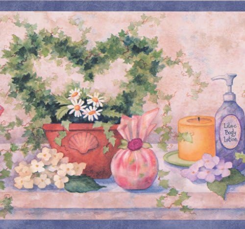 Flowers in Pots Cosmetics Lotions Bathroom Wallpaper Border Retro Design, Roll 15' x 8''