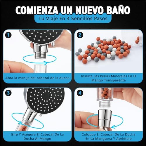 © Alcachofa de Ducha con Filtro de 15 Etapas – Filtro Ducha Antical con Manguera 1.5M - Cabezal de Ducha Alta Presión con 3+1 Modos que ahorra agua – 4 Filtros de Ducha Antical (Plata)