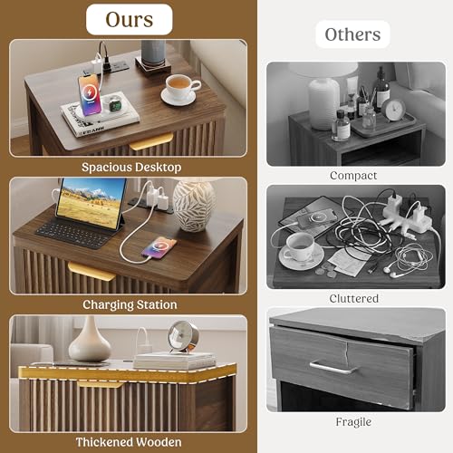 Lulive Night Stand Set 2, Fluted Nightstand with Charging Station, Wood Modern Bedside End Table with Storage Drawer for Bedroom, Save Space (Set of 2, Walnut)