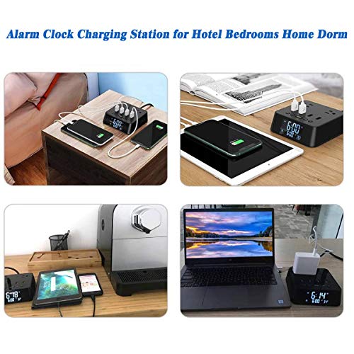 Alarm Clock Charger with 2 AC Outlets, ELMWAY 4 USB 2.4A Charging Station, Fast Charging Station with 6ft Power Cord Strip for Bedside Home Hotel Office (USB-SQ)