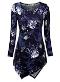BAISHENGGT Women's Crewneck Long Sleeve Handkerchief Hem Tunic Top X-Large Dark Blue Floral