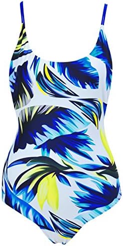 Qpladlse Women's One Piece Reversible Printed Swimwears (Blue feather,L)
