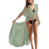 FANCYINN Womens Long Lace Cover up Sheer Bikini Coverups Kimono Tie Front Bathing Suit Swimsuit Beachwear