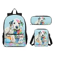 PrelerDIY Naughty Painting Dog Backpack Set 3 Piece 17 Inch Plus Book Bag Shoulder Bag Pencil Case for Boys Girls 1-6th Grade Kids Back to School