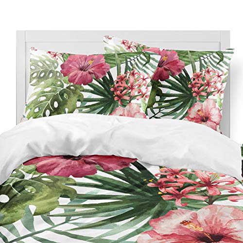 Tropical Rainforest Plant Duvet Cover Set Queen with Zipper Closure, Red Hibiscus Flower Pattern Printed Comforter Cover Bedding Sets with 2 Pillow Cases (Hibiscus,Queen)