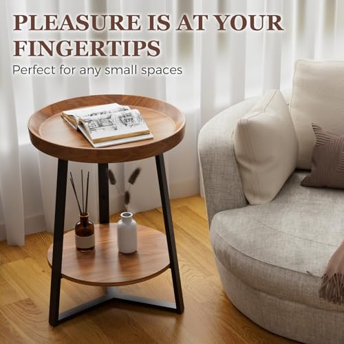 Gadroad Round End Table with Storage Shelf, 2 Tier Farmhouse Circle Side Table Nightstand for Living Room, Bedroom, Wood Tabletop & Black Metal Frame (15.7 * 15.7 * 23 inches, Cherry Wood Grain)