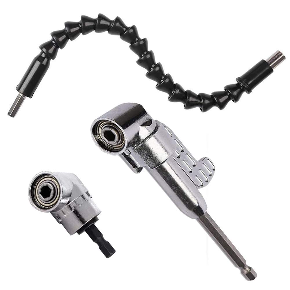 KJLEEN 105 Degree Right Angle Drill Adapter Hex Shank Screwdriver Angled Bit Holder Power Drill Tool and Flexible Angle Extension Bit Kit for Drill Screwdriver Tight Corner Workspace