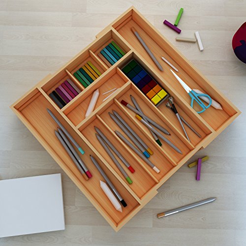 ISINO Bamboo Flatware Holder , Wooden Flatware Divider , Home and Kitchen Organizer Tray with 8-10 Slots , Size (11.6"-18.3")L x 17.5"W x2.5"H