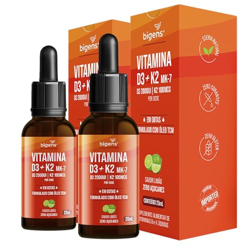 Biogens Vitamina D3 + K2 MK-7, em Gotas, D3 2000UI | K2 100mcg, Sabor Limão, Kit 2x 20ml