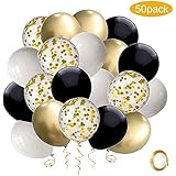 Black and Gold Confetti Balloons, 50 Pack 12inch White Latex Party Balloon Set with Gold Ribbon for Graduation Wedding Birthday Baby Shower Decorations
