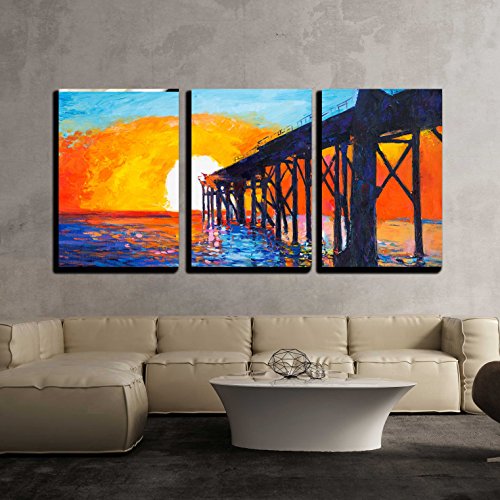 wall26 Painting of Sunset Over Ocean Canvas Art Wall Art 24"x36"x3 Panels Beachfront Decor