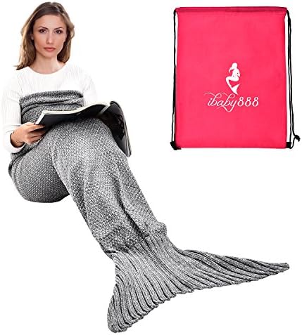Handmade Mermaid Tail Blanket Crochet, Ibaby888 All Seasons Warm Knitted Bed Blanket Sofa Quilt Living Room Sleeping Bag for Adults, Classic Pattern, 70.9" x 35.5" (180 x 90cm, Grey)