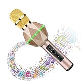 Bluetooth Karaoke Microphone for Kids Wireless Bluetooth Karaoke Machine with Speaker, Flash LED, Magic Voice, Aluminum Alloy Handle, Speaker,Compatible Android/PC and All Smart Phone(Gold)