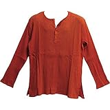 Mens Indian Bohemian Crinkled Gauze Cotton Embroidered Tunic Shirt Kurta Rust Orange (Large)