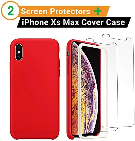 iPhone Xs Max Case (6.5 inches) Liquid Silicone Case Gel Rubber Soft Microfiber Cloth Case for iPhone Xs Max Full Protective Cover 2018 Released iPhone Xs Max Screen Protector (2 Pack) (Bonus)