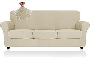 ZNSAYOTX 2025 Striped Sofa Covers 4 Piece, Super Stretch Couch Covers for 3 Cushion Sofa, Anti Slip Couch Slipcovers with Bottom Ties, Thick Durable Washable, Soft Cozy Protector (71"-91", Khaki)
