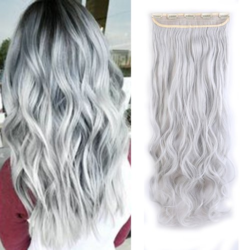 Silver Grey Clip In Synthetic Hair Extensions One Piece Long