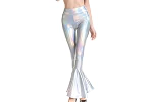 Women Shiny Metallic Bell Bottom Bootcut Palazzo Leggings 70s Disco Wide Leg Pants High Waist Dance Yoga Trousers