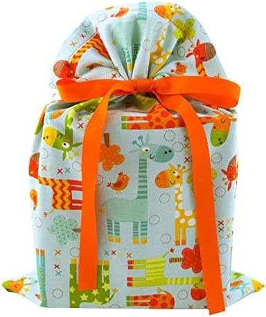 Giraffes Reusable Fabric Gift Bag for Baby Shower, Child's Birthday or Any Occasion (Standard 10 Inches Wide by 15 Inches High, Blue-Green)