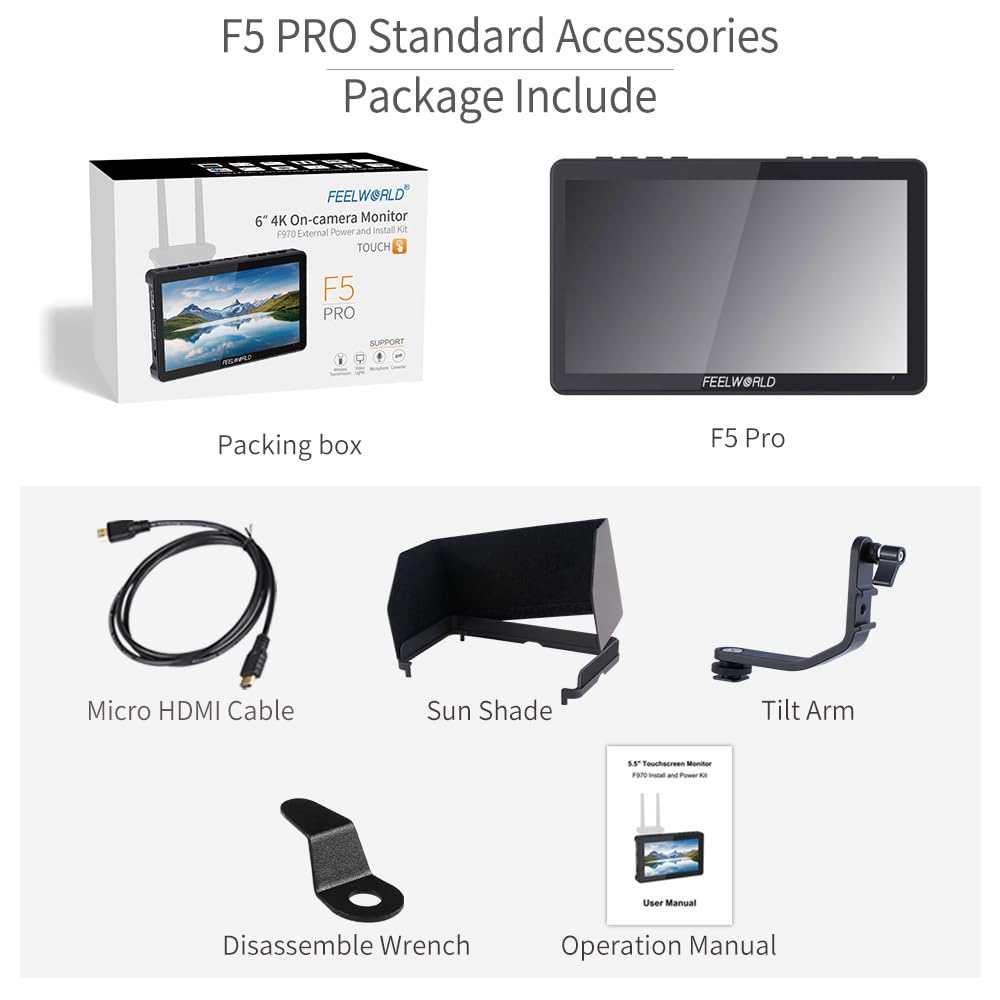 FEELWORLD F5 Pro V4 6 Inch Touch Screen DSLR Camera Field Monitor with 3D LUT F970 External Kit Install for Power Wireless Transmission IPS FHD1920x1080 4K HDMI Input Output 5V Type-c Input Tilt Arm