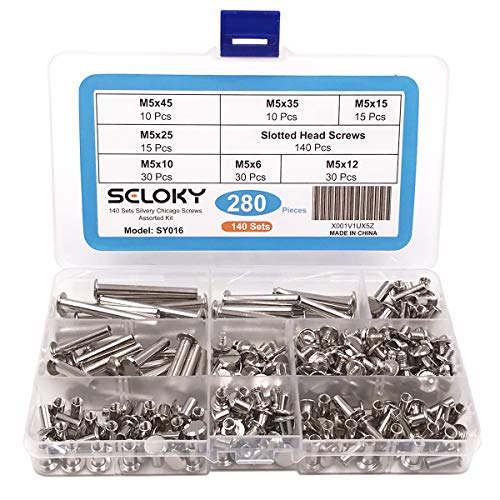 Seloky 140-Set Slotted Chicago Screw Binding Screws Posts Assortment Kit for Scrapbook Photo Albums Binding and Leather Saddles Purses Belt Repair(M5 x 6/10/12/15/25/35/45)