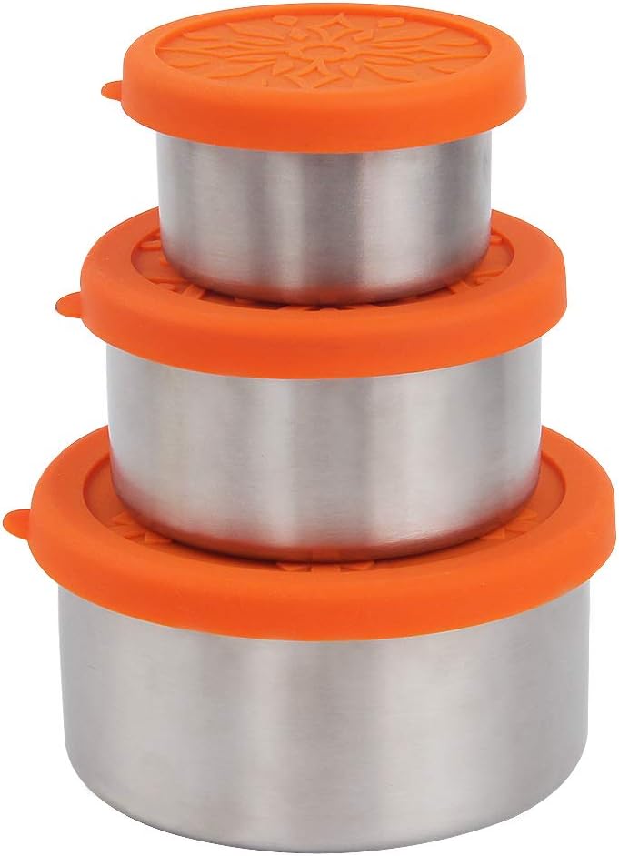 kilofly 3-Piece BPA Free Leak Proof Nesting Reusable Eco to Go Variety Stainless Steel Food Storage Container with Silicone Lid for Snack Dip Portion Control Lunch Baby Kid, 3.4 7.4 13.5-Ounce Orange