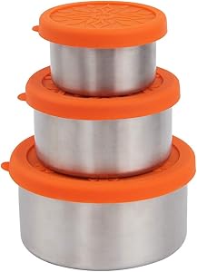 kilofly 3-Piece BPA Free Leak Proof Nesting Reusable Eco to Go Variety Stainless Steel Food Storage Container with Silicone Lid for Snack Dip Portion Control Lunch Baby Kid, 3.4 7.4 13.5-Ounce Orange