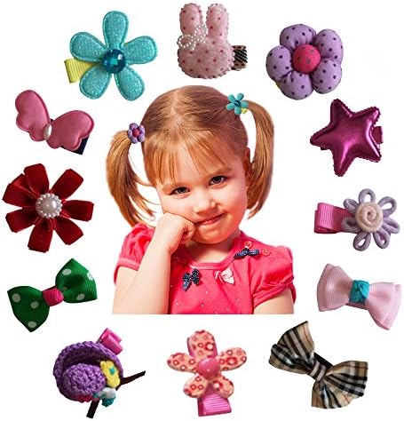Hair Clips Barrettes Assorted Cute Flowery Ribbon Bows Style B-Series - 12 pcs of Uniquely Designed For Baby, Toddler, and Young Girls