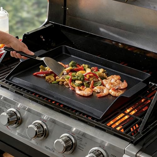 23" x 16" Cast Iron Griddle, Universal Flat Top Griddle for BBQ, Gas Grill, and 4 Burner Range Oven, Reinforced X-Shaped Ridges, Great for Parties, Camping & Tailgating