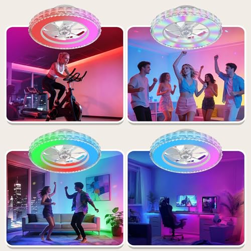 Ateroll Crystal Ceiling Fan with Light Ø43.5 cm, 3000K-4000K-6500K+RGB, 6 Adjustable Ventilation Speeds with Remote Control, Timer, Memory Light, Reversible Fan