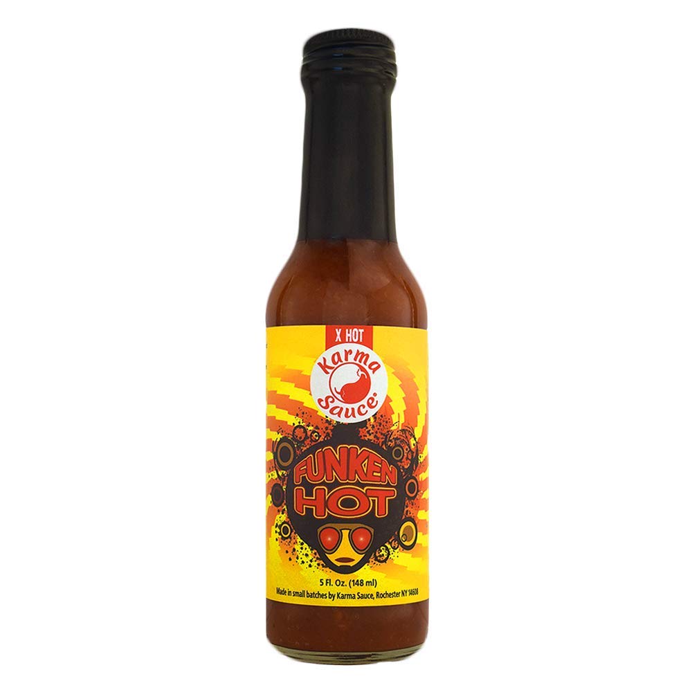 Funken Hot Karma Sauce | Extra Extra Hot With A Subtle Sweetness | 7 Pot Brown and Chocolate Habanero | All Natural, Vegan, Extract Free | Made In Finger Lakes, USA | 5 fl. oz