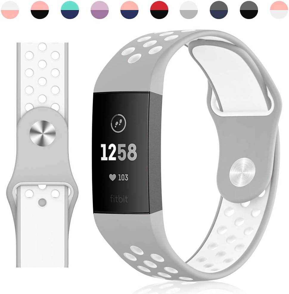 TesRank Compatible Fitbit Charge 3, Soft Silicone Strap Replacement Wristband for Fitbit Charge 3, Gray and White, Large
