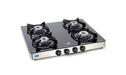 Glen Kitchen 4 Burner Glass Gas Stove, Manual Ignition, Alloy Burners Cooktop, (CT1042GT, Black/Silver)