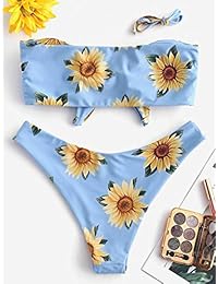 Bikini para dama con nudo de atado y estampado de girasol