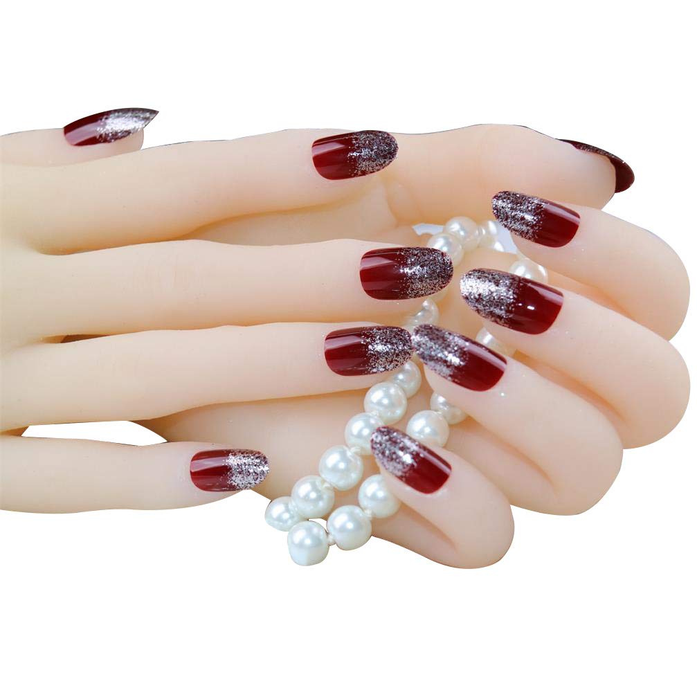 Christmas False Nails Press On Acrylic Glitter False Nails with Glue On Full Cover Nails Stick On Medium Long Design Women Girls Bride Nail Art Tips 24pcs