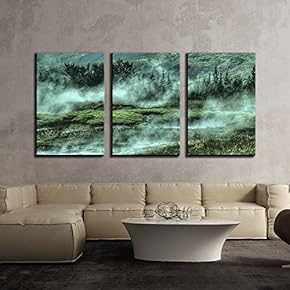 3 Piece Canvas Wall Art - Nature Landscape with Green Hills in Mist - Modern Home Art Stretched and Framed Ready to Hang - 16"x24"x3 Panels
