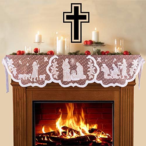Christmas Mantle Scarf For Fireplace White Lace Jesus Christmas Decorations For Winter Holiday Home Living Room