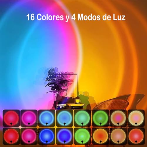 Miortior Lampara Sunset, Lampara Atardecer de Proyección de 16 Colores, 4 Modos, Rotación de 180° y Control Remoto, Luz de la Atmósfera del Sunset para Selfies, Fotografía, Decoración, Dormitorio